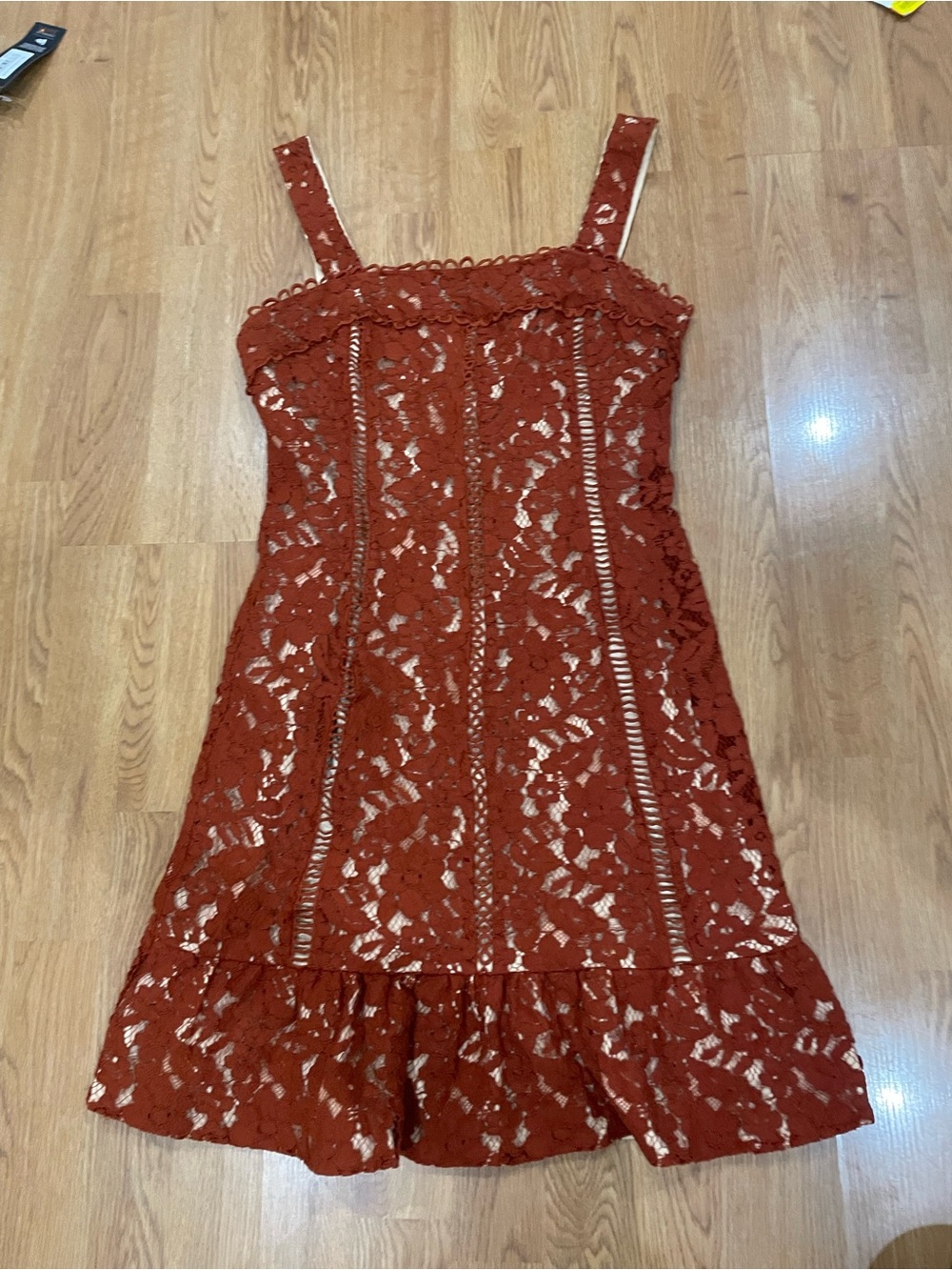 Endless Rose Brick Red Lace Midi Dress with Ruffle Hem